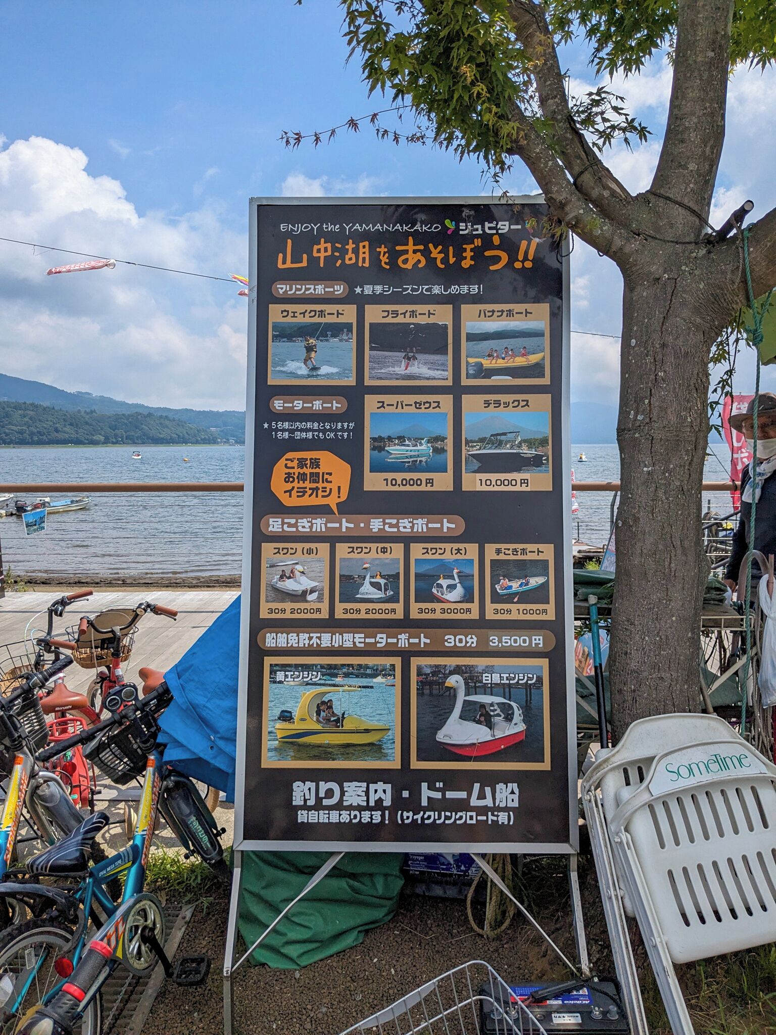 A signboard with various water activities and prices in Japanese.