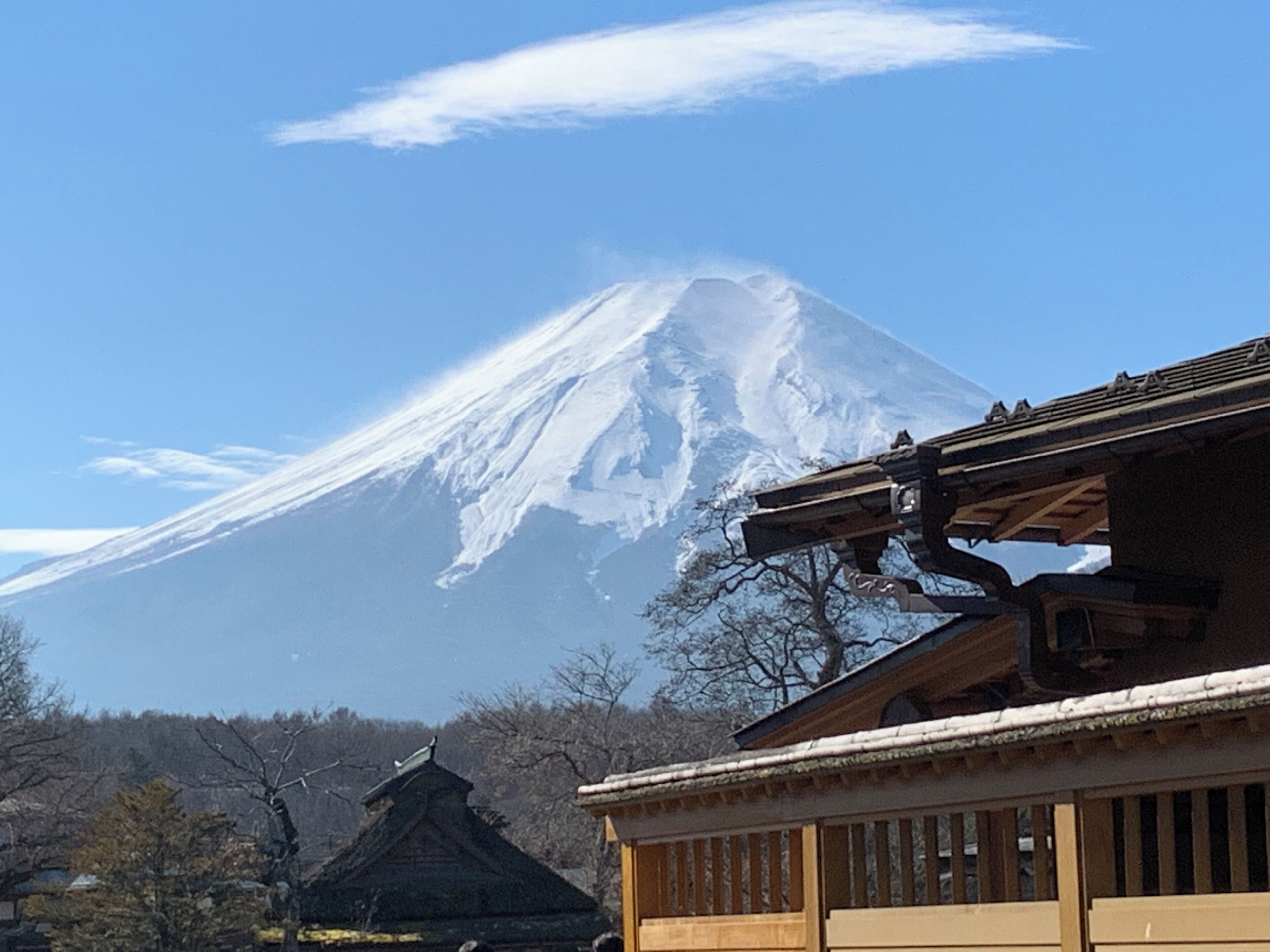 A traditional Japanese building with a snow-capped mountain in the background.