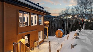 A wooden building with large windows, a wooden staircase, and a snow-covered landscape with trees and a mountain in the background.