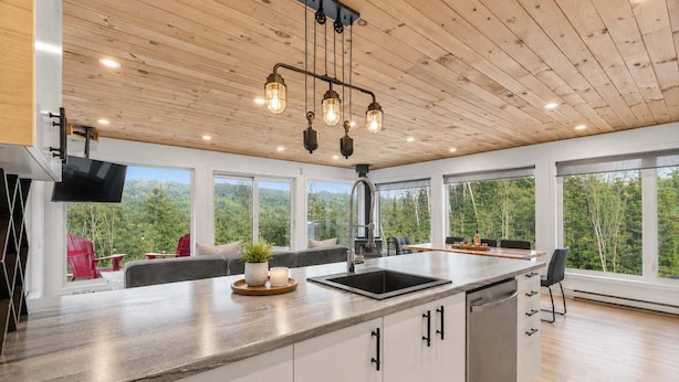 A modern kitchen with a large island, a built-in oven, and a view of the forest.