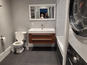 Hair dryer, towels, soap, toilet paper