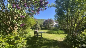 A garden with a table and chairs, a grassy area, and trees.