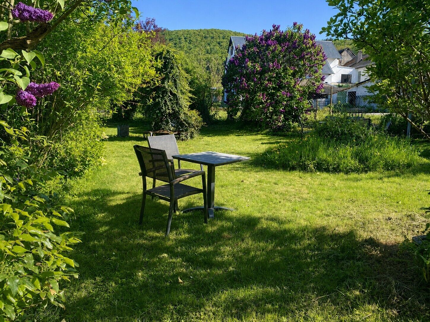 Een gazon met een tafel en stoelen, omringd door weelderig groen en bloeiende planten.