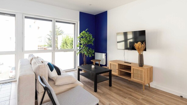 A modern living room with a sofa, coffee table, and TV stand. - Dify Jungle - Villeurbanne (Villeurbanne)