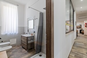 Shower, hair dryer, bidet, towels