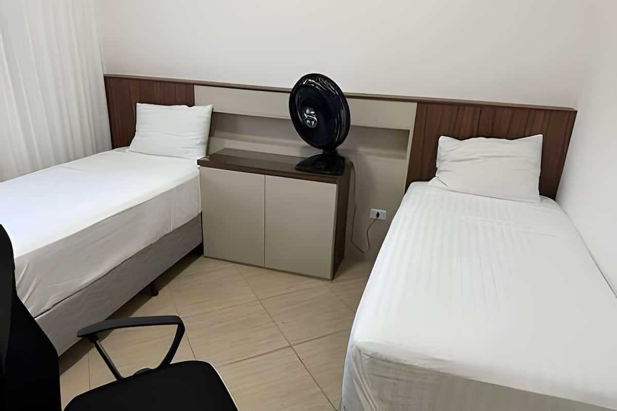 Une chambre d’hôtel avec deux lits simples, un petit bureau équipé d’un ventilateur et une chaise.