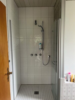 Regadera, toallas, jabón, papel de baño 