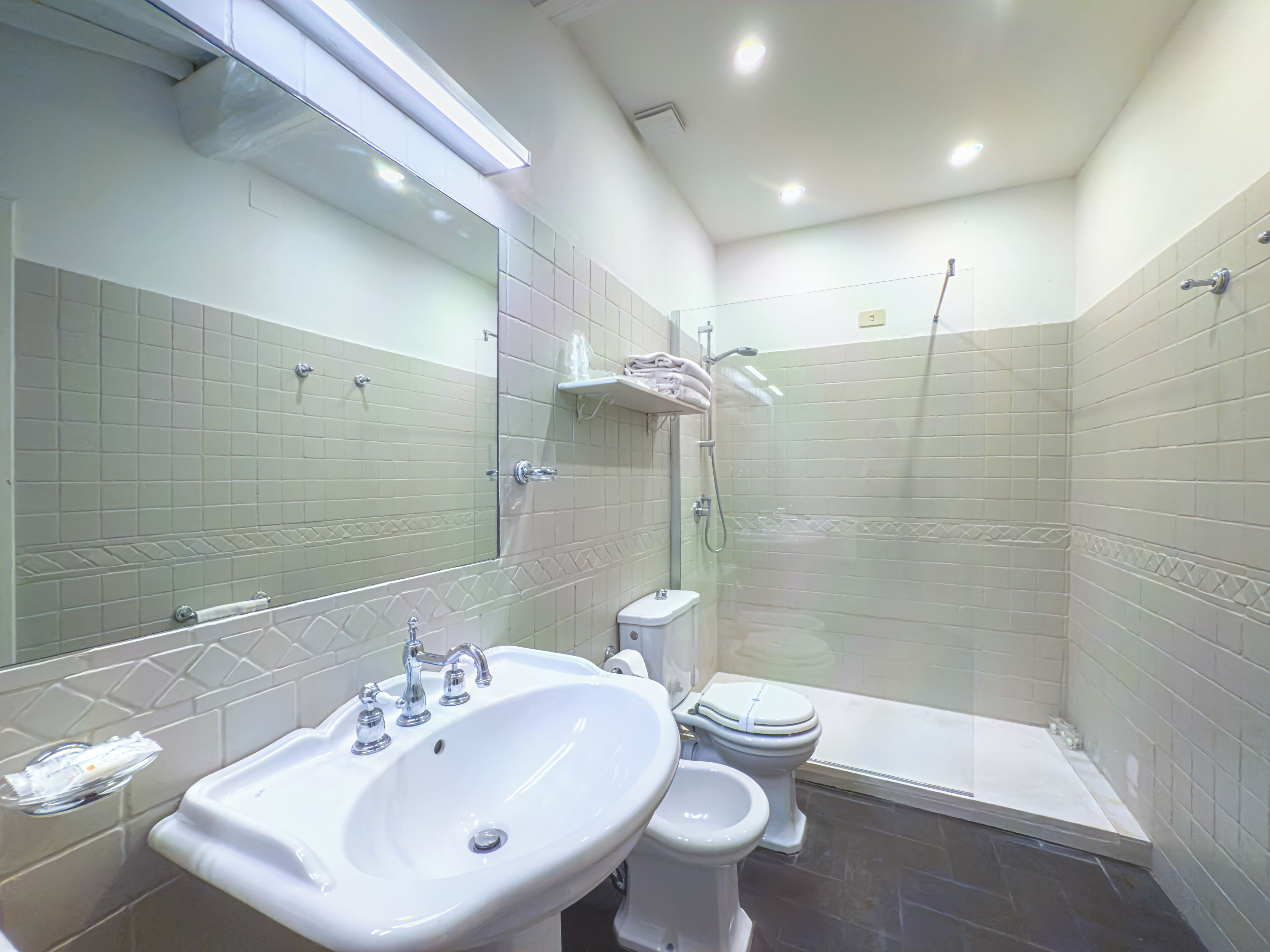 Une salle de bain moderne équipée d’un lavabo, de toilettes et d’une douche.