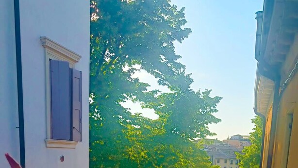 En balkon med udsigt over en flod, grøn bevoksning og bygninger i baggrunden.