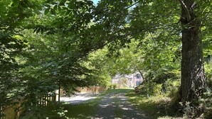 A gravel path leading through a wooded area with a wooden fence and houses in the background. - Cottage by River With Spa Near Carcassonne (Caudebronde)