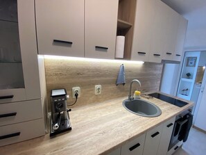 Fridge, oven, stovetop, coffee/tea maker