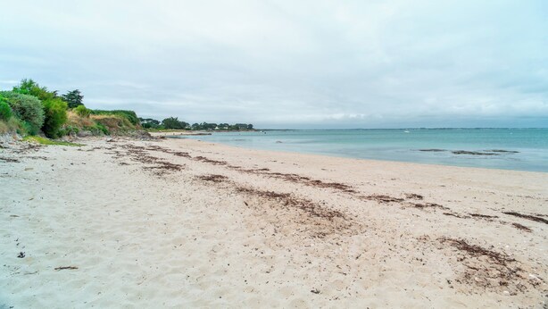 A sandy beach with sparse vegetation and a calm sea. - Ideally located in ST Pierre Quiberon, on the bay side. 200 meters from the beach, (Saint-Pierre-Quiberon)