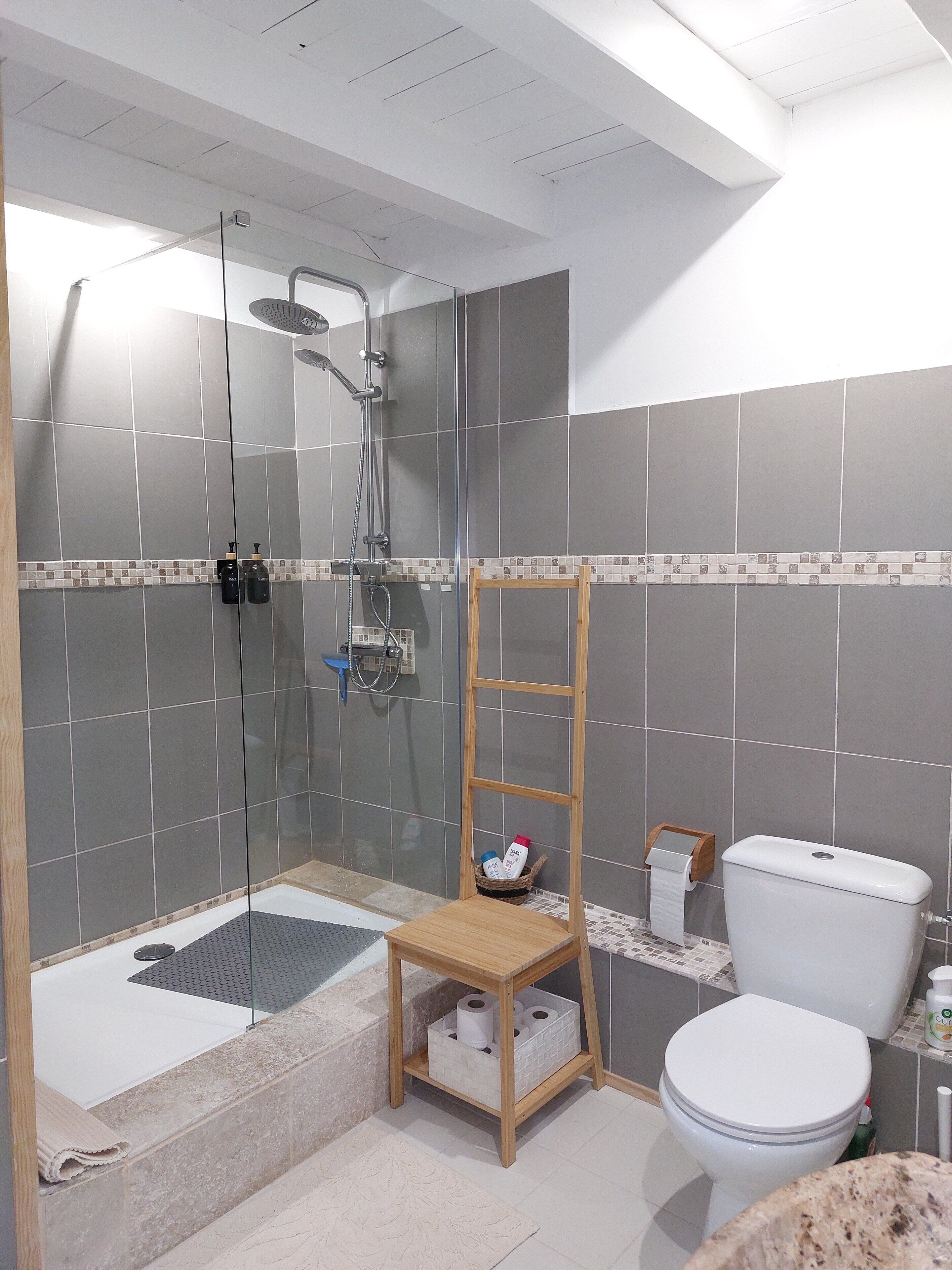 Ein modernes Badezimmer mit Dusche, Toilette und einer kleinen Holztrennwand für Pflegeprodukte.
