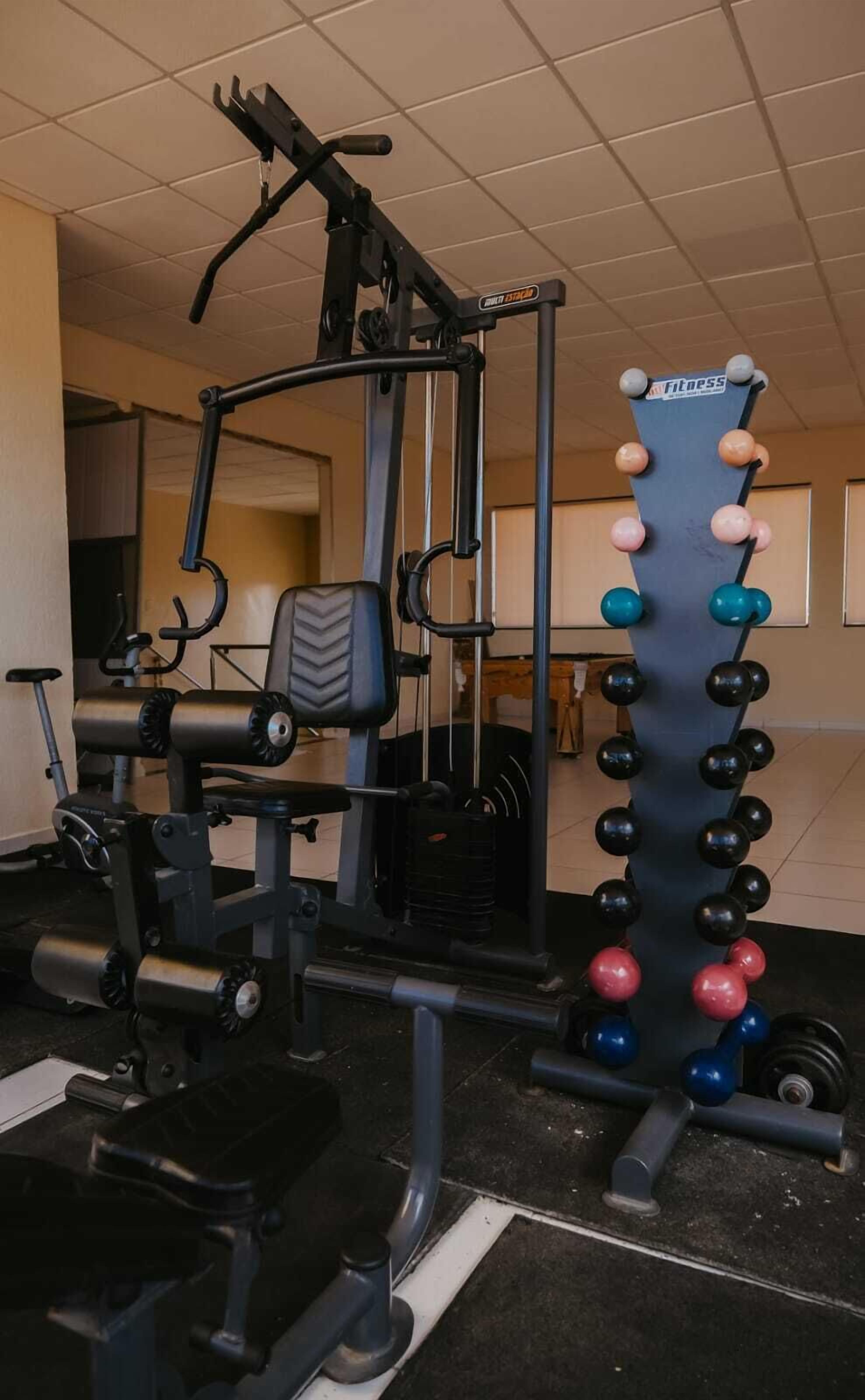 A gym with a squat rack, bench press, and a rack of dumbbells.