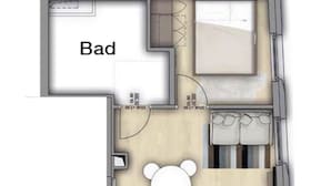 A floor plan of a hotel room with a bed, a small seating area, a bathroom, and a kitchenette. - Apartment in Schwaz Near Kellerjoch Ski Area (Schwaz)