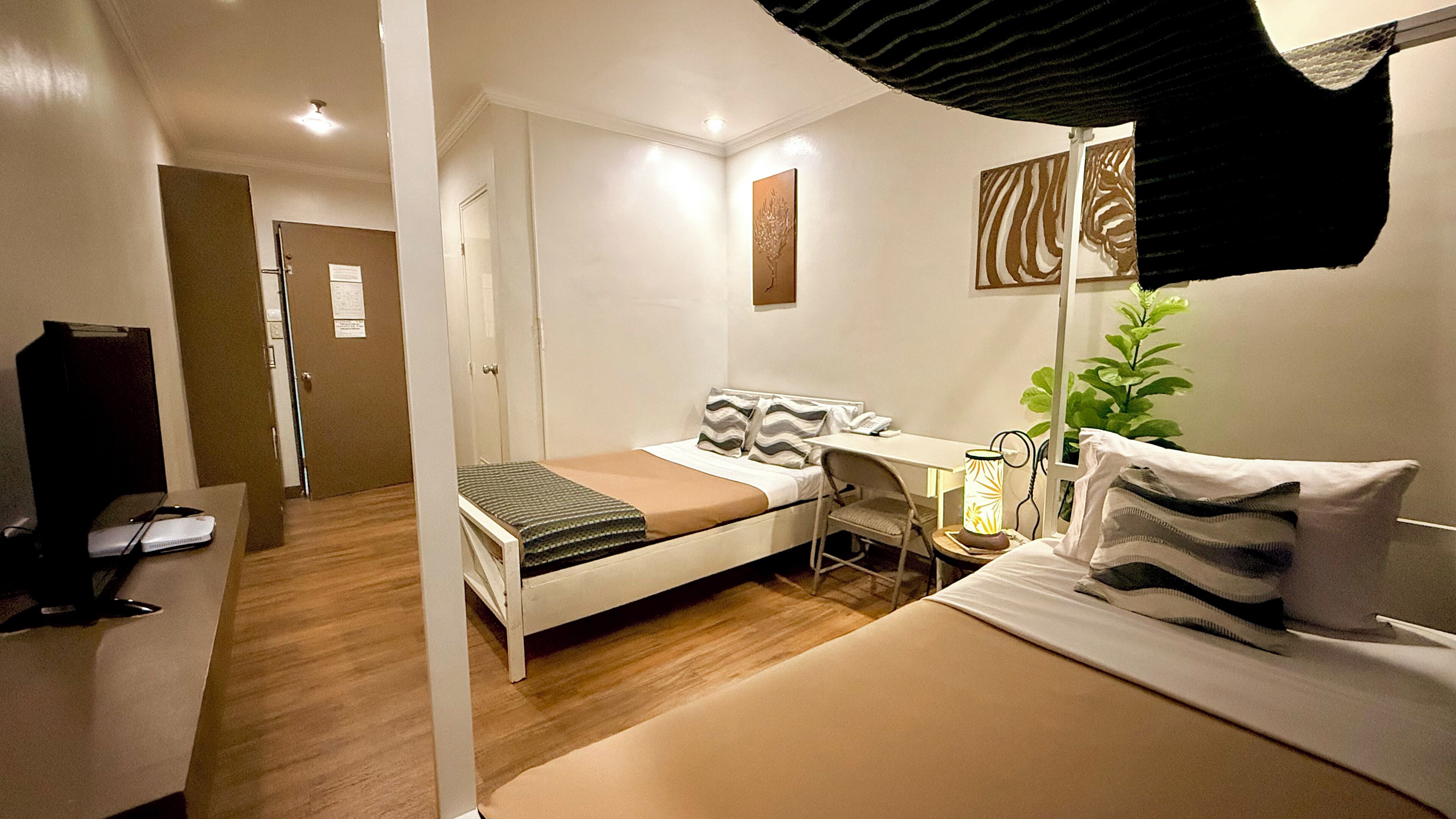 A hotel room with a bed, a desk, a chair, a lamp, a plant, and a television.