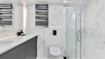 Shower, hair dryer, towels