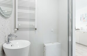 Shower, hair dryer, towels, shampoo