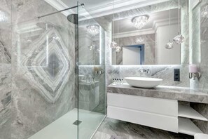Douche, séchoir à cheveux, serviettes fournies, shampooing