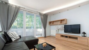 A modern living room with a black leather sofa, a glass coffee table with a small elephant figurine, a TV on a wooden stand, and large windows with grey curtains.