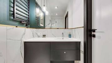 Shower, hair dryer, towels