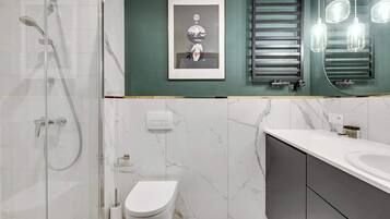 Shower, hair dryer, towels