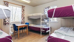 A dormitory room with bunk beds, a desk, and a chair. - 2 Person Holiday Park Home in Laeso (Læsø)