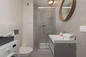 Shower, hair dryer, towels