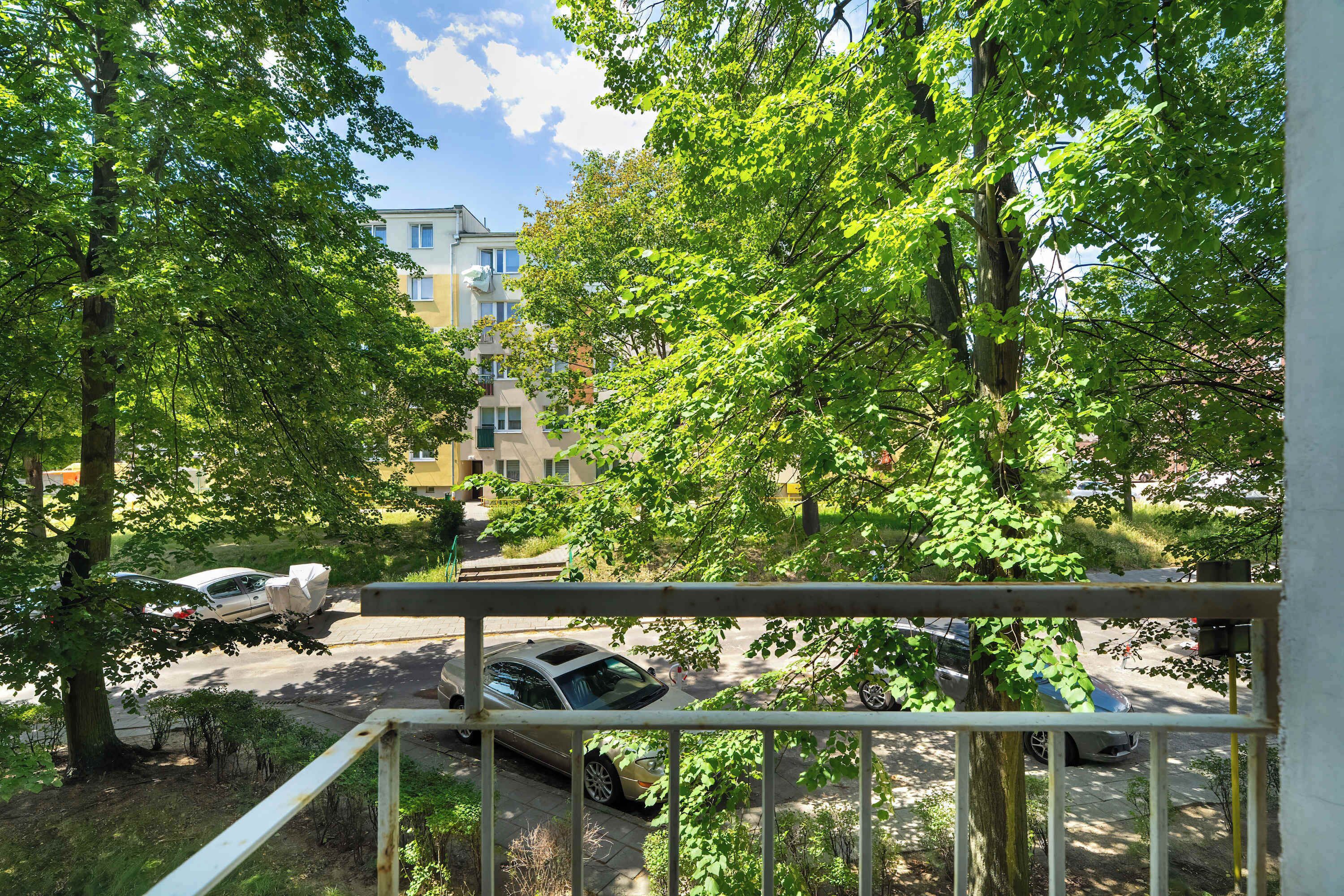 Ein Wohngebiet mit Bäumen, parkenden Autos und einem Gebäude im Hintergrund.