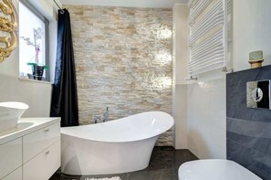 Shower, hair dryer, towels, shampoo