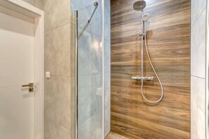 Shower, hair dryer, towels, shampoo