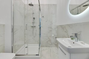 Shower, hair dryer, towels