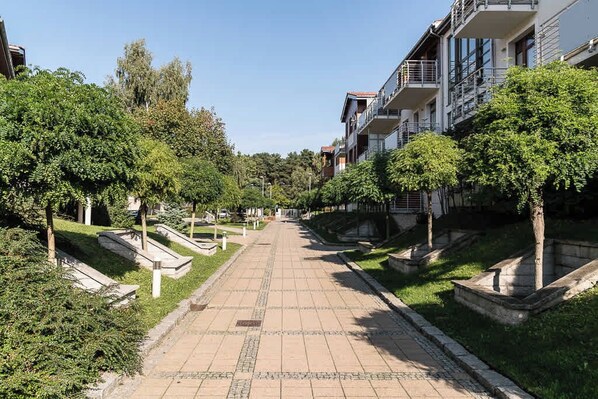 Un camino bordeado de árboles que conduce a edificios modernos con balcones.