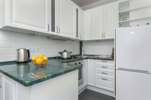 Fridge, oven, stovetop, cookware/dishes/utensils