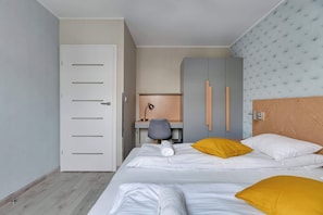 1 bedroom, desk, iron/ironing board, travel cot