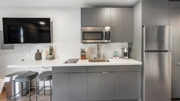 Fridge, dining tables