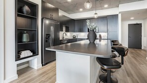 Fridge, dining tables - Landing | Chic 2BD, Gym (St. Petersburg)