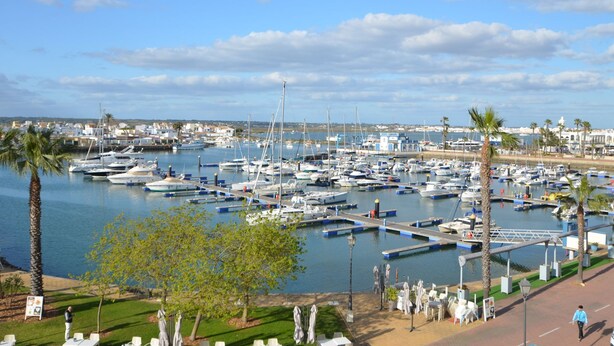 A marina with numerous boats docked, a clear sky, and a view of the town in the background. - La Marina 1 5 - Two Bedroom Apartment, Sleeps 5 (Punta del moral)
