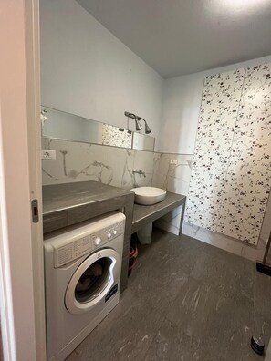 Shower, hair dryer, bidet, towels