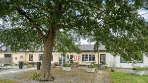 A building with a large tree in front, outdoor seating, and a gravel path. - 2 Person Holiday Park Home in Gorlev (Gørlev)