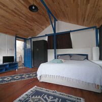 Individually decorated, desk, laptop workspace, blackout drapes