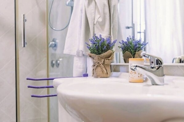 Regadera, secadora de cabello, bidet, toallas