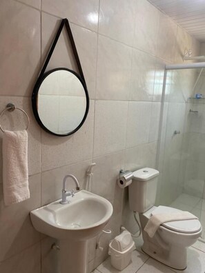 Shower, towels, toilet paper