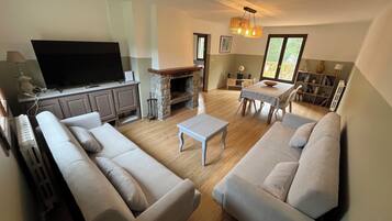 Smart TV, caminetto, libri