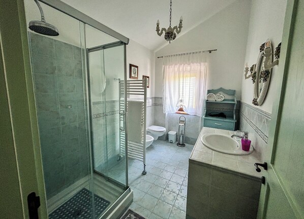 A bathroom with a glass shower enclosure, a toilet, a sink, and a vanity.