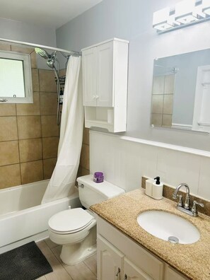 Hair dryer, towels, toilet paper