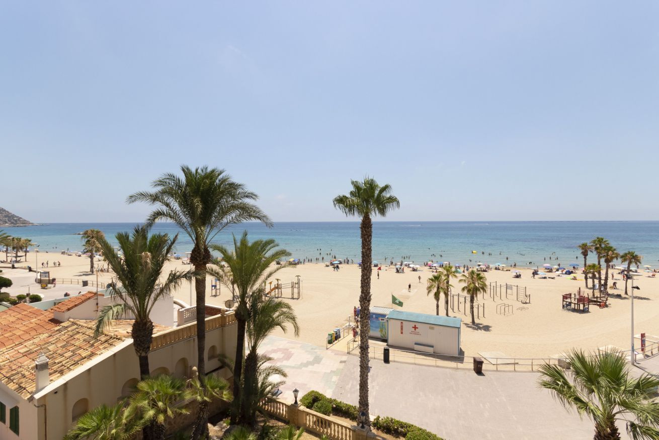 Une plage bordée de palmiers, une tour de surveillance pour les sauveteurs et un ciel bleu azur.
