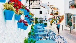 A row of outdoor tables and chairs along a white building with colorful flower boxes.