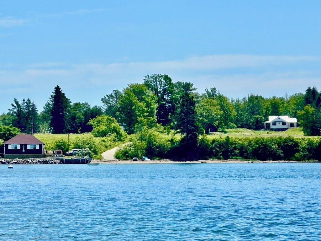 A lakeside property with a house, a dock, and a boat.