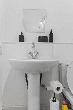 Ein Badezimmer mit einem weißen Waschbecken, einem Spiegel und einer Toilette. Auf dem Waschbecken stehen zwei Flaschen und auf dem Boden eine Rolle Toilettenpapier.
